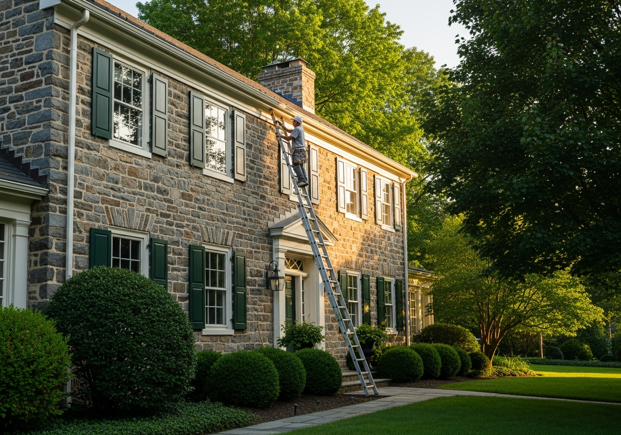 Exterior painting on a historic colonial home in Downingtown PA by TCM Finishes