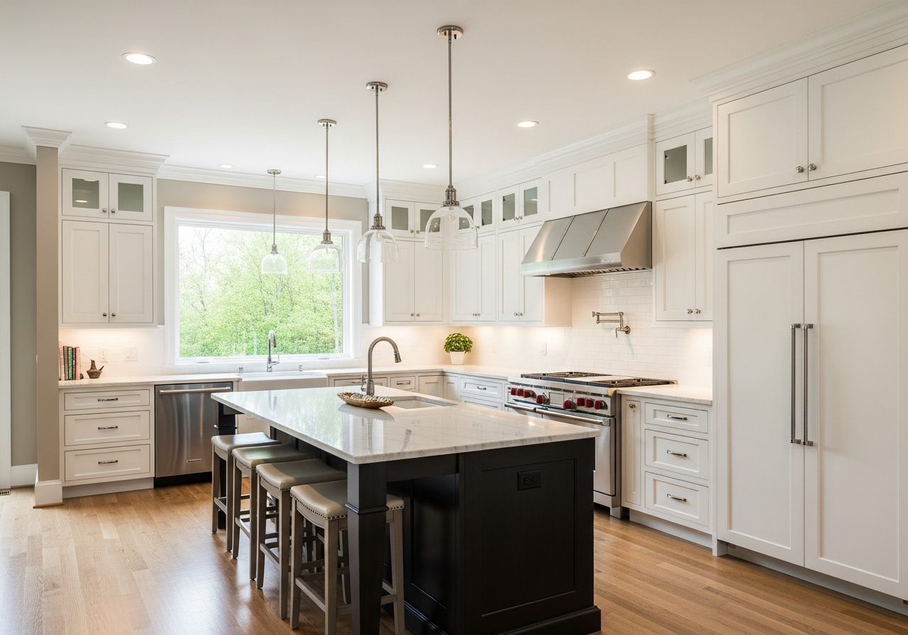 Finished kitchen cabinet and interior painting result in Exton PA by TCM Finishes