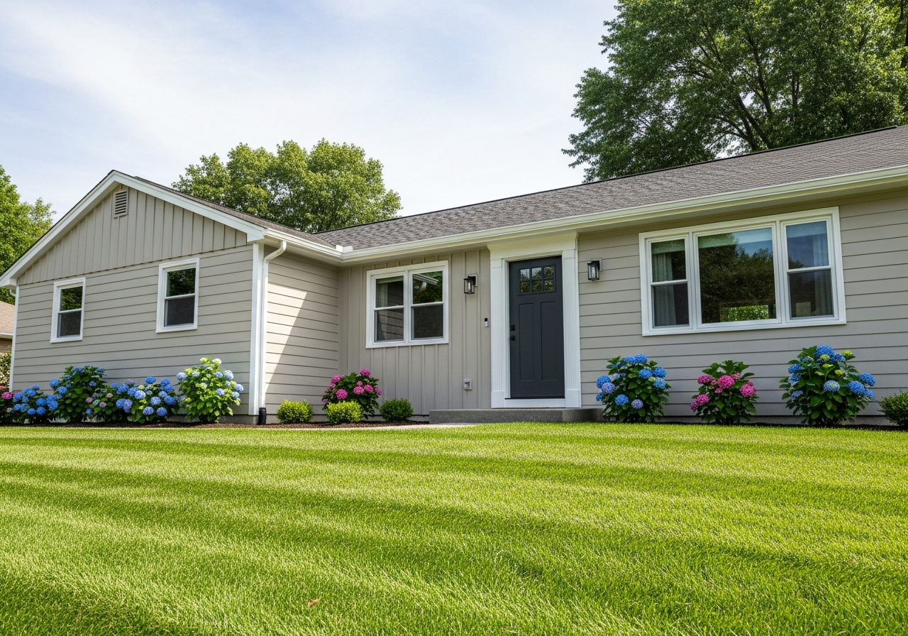 Finished exterior painting result on a ranch home in Thorndale PA by TCM Finishes