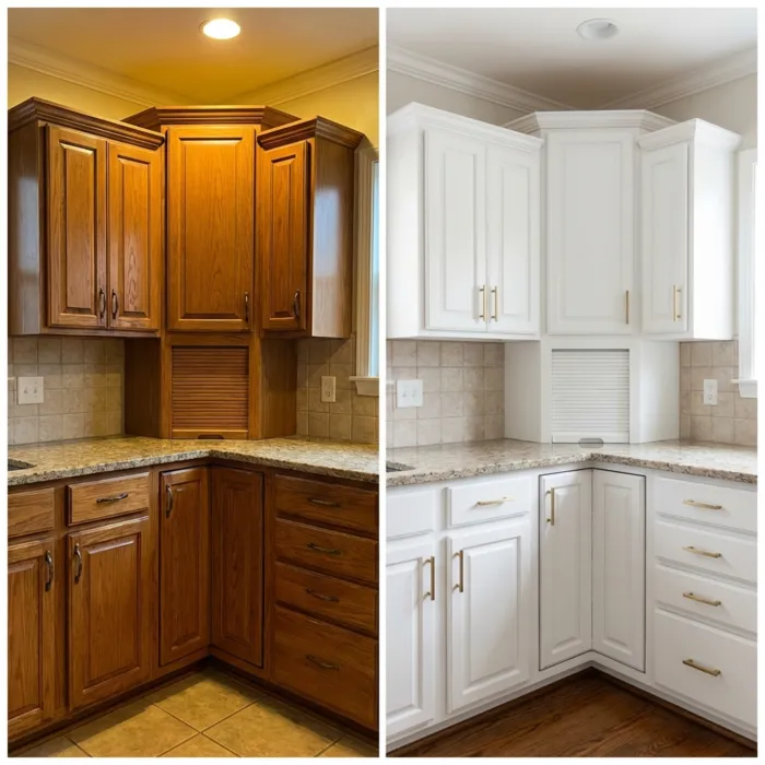 Kitchen cabinet before and after painting transformation by TCM Finishes in Chester County