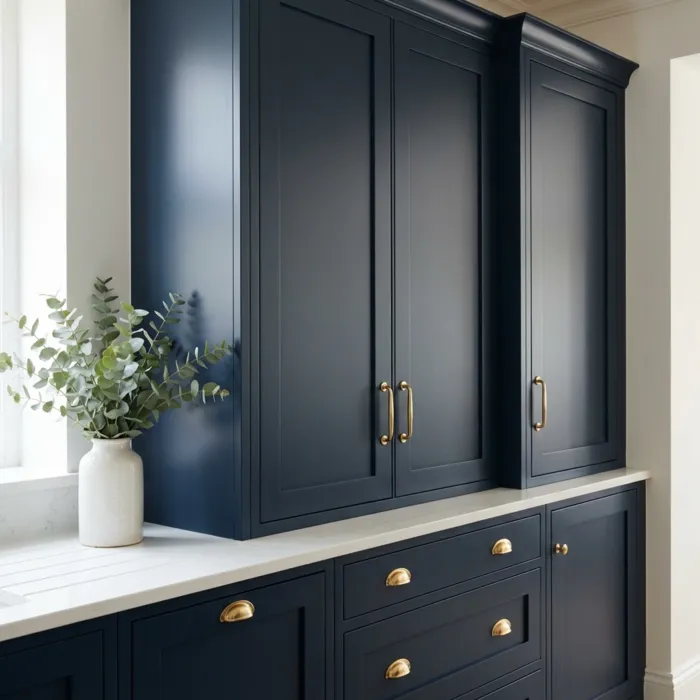 Dark navy painted kitchen cabinets with brass hardware by TCM Finishes in Downingtown PA