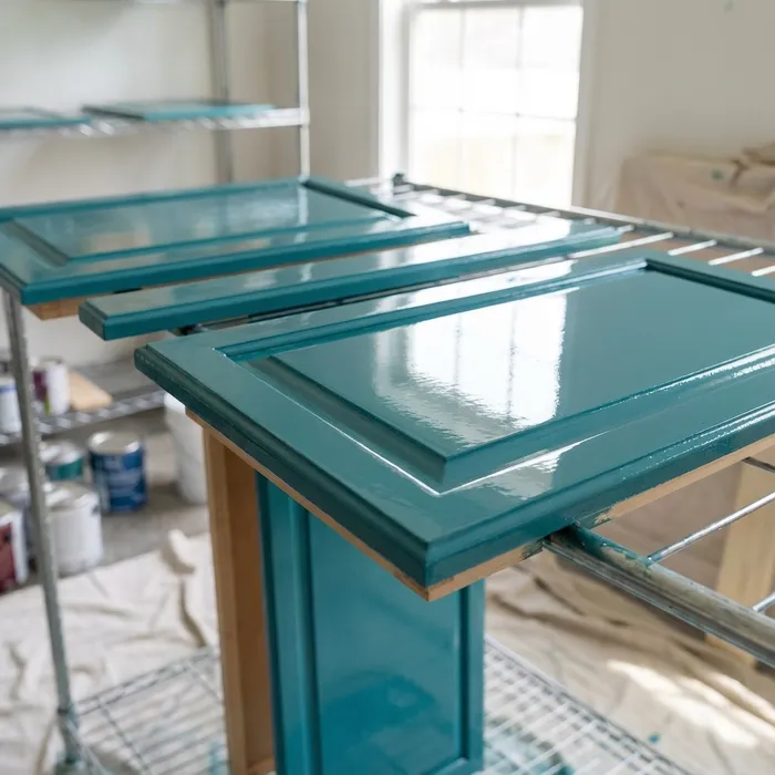 Cabinet doors on controlled drying rack after professional spray finish
