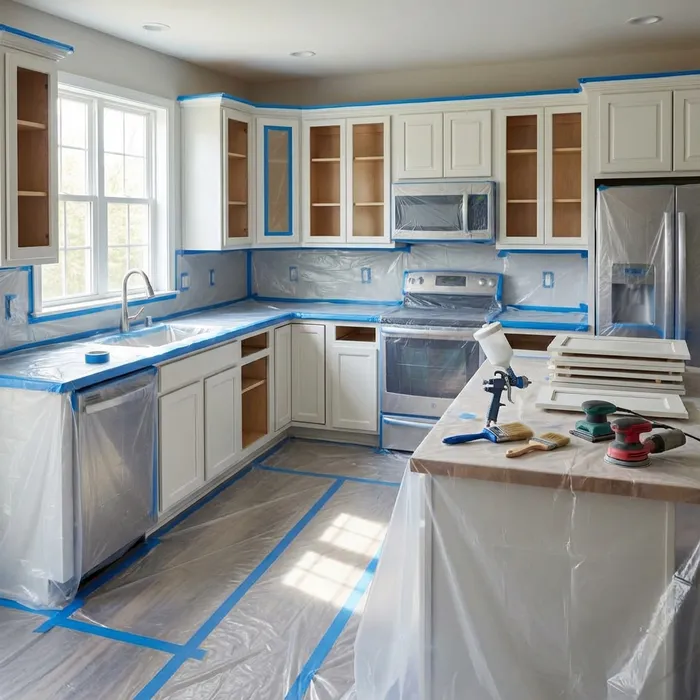 In-home kitchen cabinet painting containment setup in Downingtown