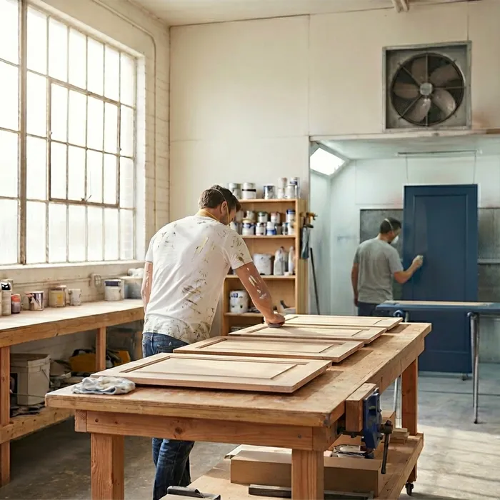 Cabinet door preparation in TCM Finishes professional spray shop