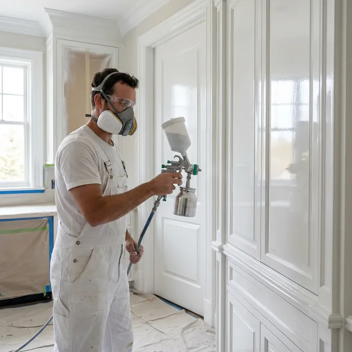 Fine-finish spray application on kitchen cabinet doors in Chester County