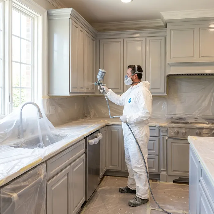 Professional cabinet spray painting in controlled environment for Chester County kitchens