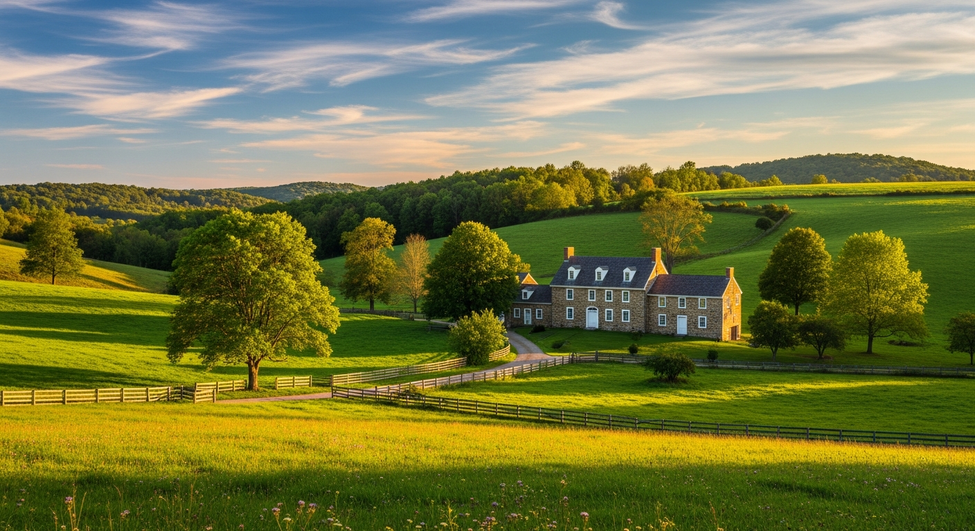 Scenic Chester Springs, PA countryside with historic stone buildings