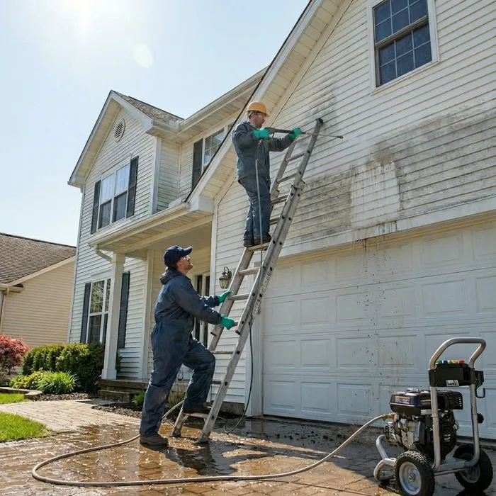 Professional power washing team cleaning house exterior