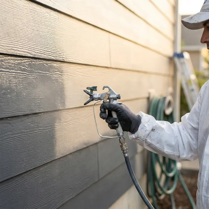 Professional exterior spray painting application on home siding in Chester County