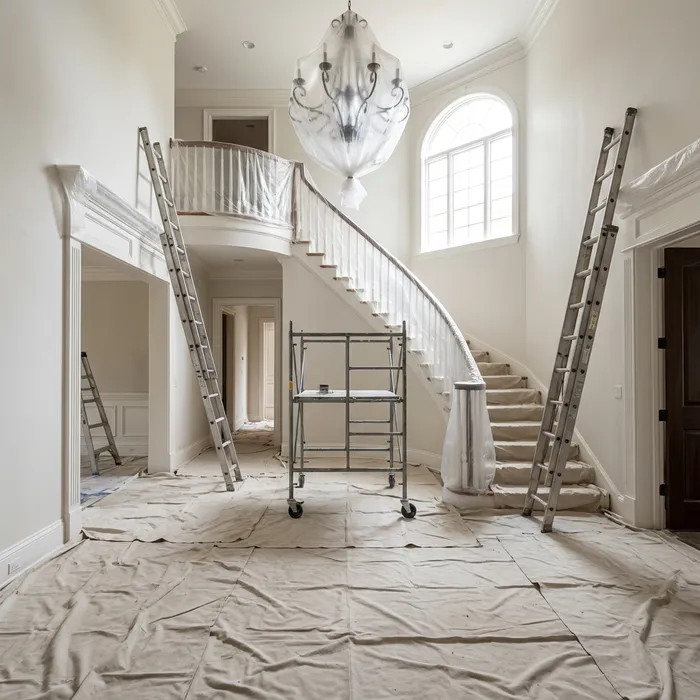 Professional interior painting room setup with furniture protection in Chester County home