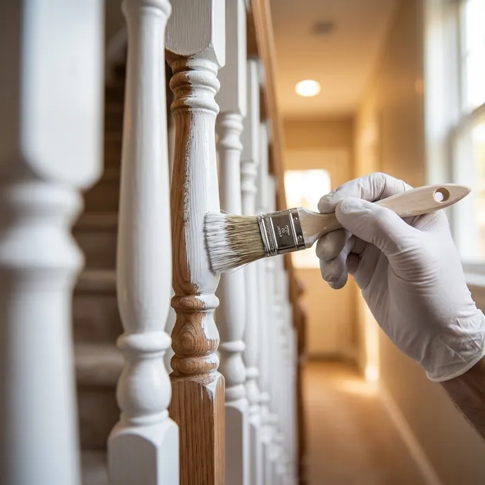 Hand-painting intricate staircase spindles for interior painting detail